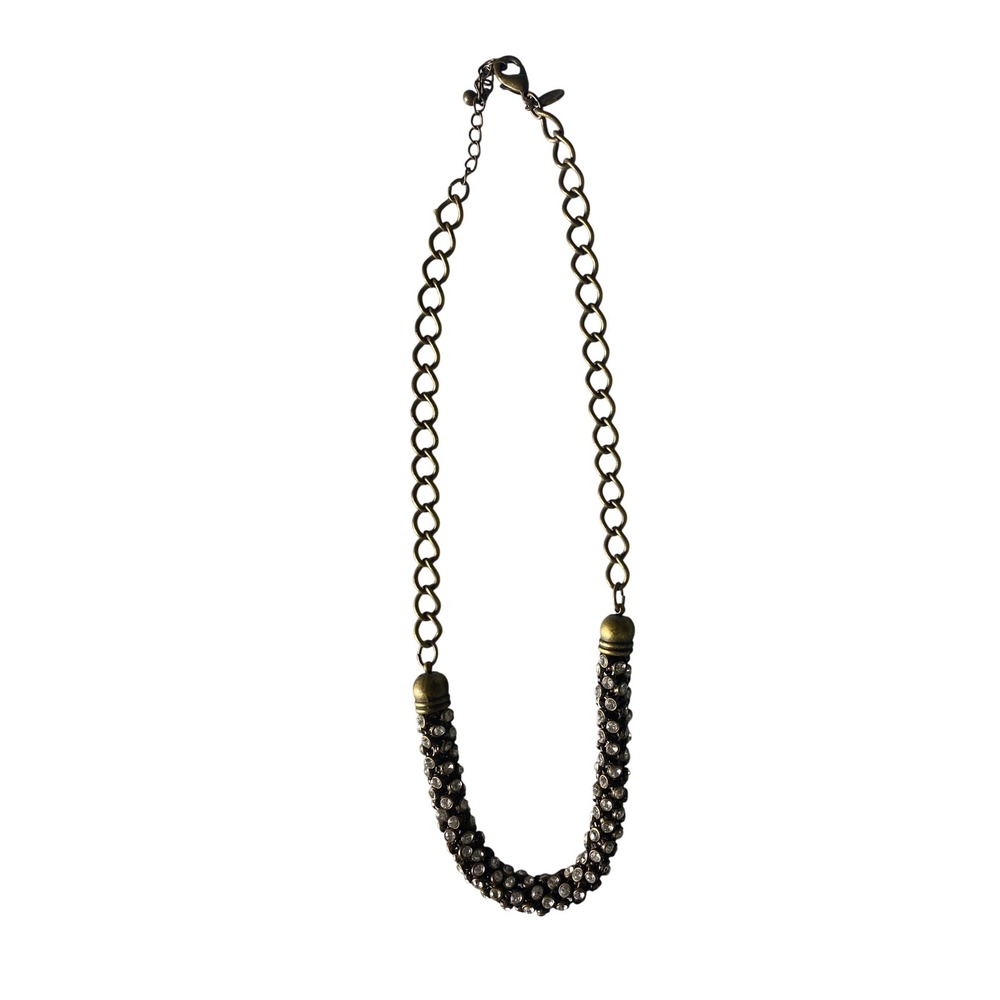 Antique Gold Tone Rhinestone Pavé Mesh Statement Necklace Curb Chain 20 Inch